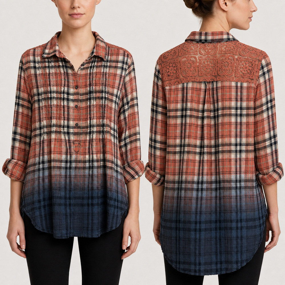 Vintage America Blues Women’s M Ombre Plaid Lace Back Tunic Top Boho Crinkle